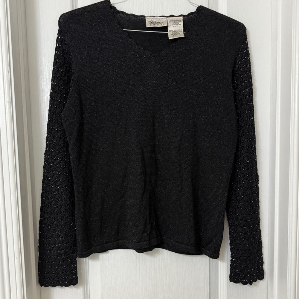 Kathie Lee Vintage Sweater Crochet Eyelet Beaded Sleeves Black Shimmer Size M